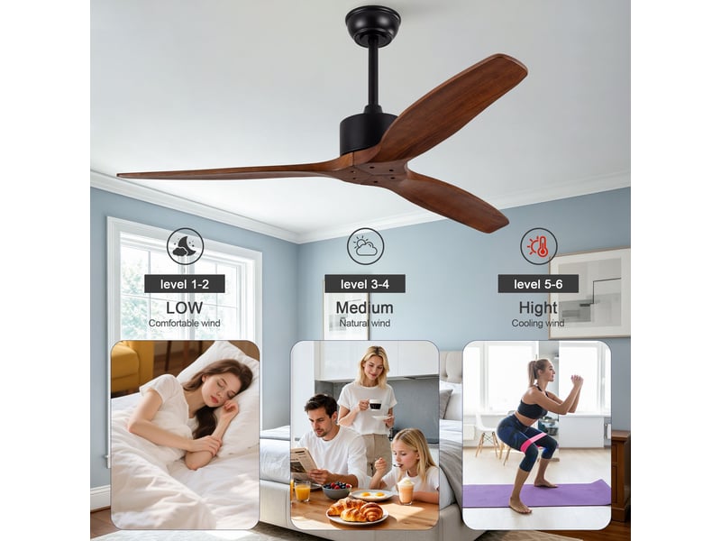 Ventilateur de plafond 132 cm sans éclairage 3 pales bois massif noyer et noir réversible 6 vitesses télécommande - Conforama D