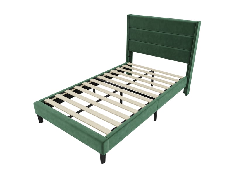  Lit simple 90x200 cm avec tête de lit et patins antidérapants, velours, vert foncé, matelas inclus  - Conforama A