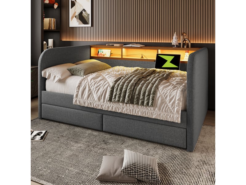  Lit capitonné 140x190 cm en lin gris, structure de lit avec 2 tiroirs et tête de lit rangement, éclairage led &amp; usb pour chambre.  - Conforama D