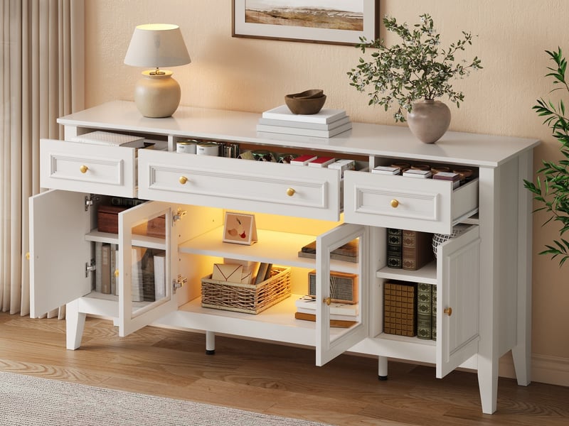  Commode 3 tiroirs et 4 portes, 160 x 40 x 78,5 cm, mdf avec portes vitrées, poignées en fer et éclairage led contrôlable par application, blanc  - Conforama B