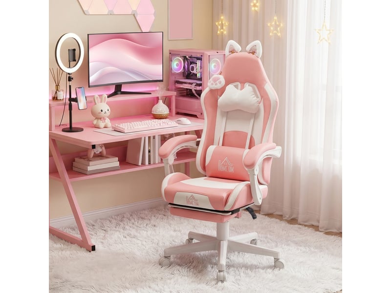  Fauteuil de jeu avec oreilles de chat, dossier inclinable, repose-pieds extensible, supporte jusqu'à 120 kg, rose et blanc.  - Conforama C
