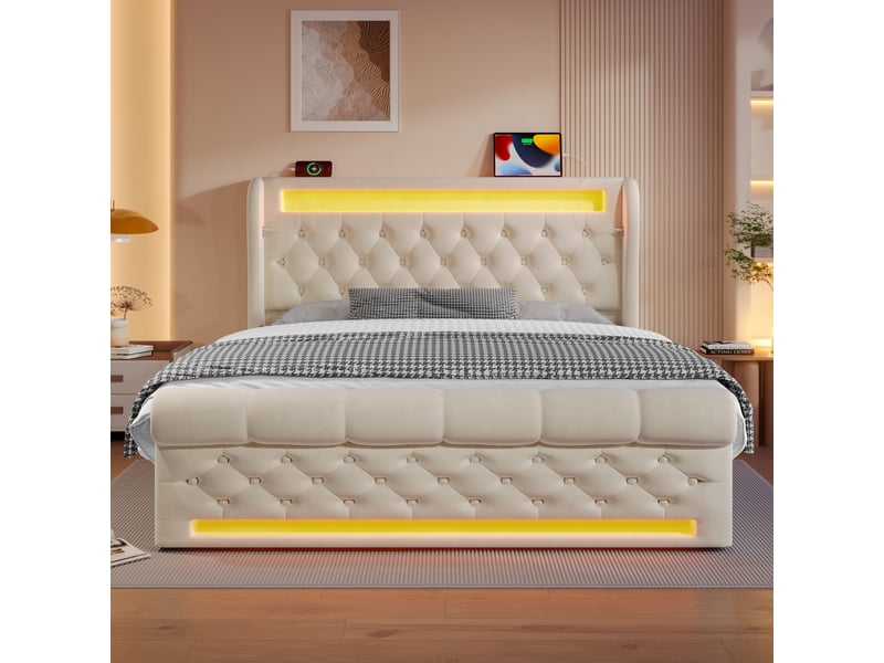  Lit double 160x200cm en tissu beige, tête de lit avec leds, ports usbc et rangement hydraulique, sans matelas  - Conforama D