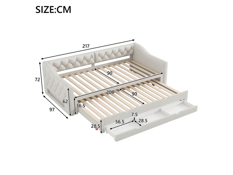 Lit enfant 90x200cm lit gigogne avec 3 tiroirs led 7 couleurs, design minimaliste, lin beige, sans matelas - Conforama C