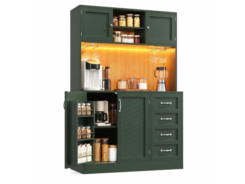  Buffet haut 120x40x188 cm avec led, 4 portes, 2 tiroirs et porte-verres vert  - Conforama A
