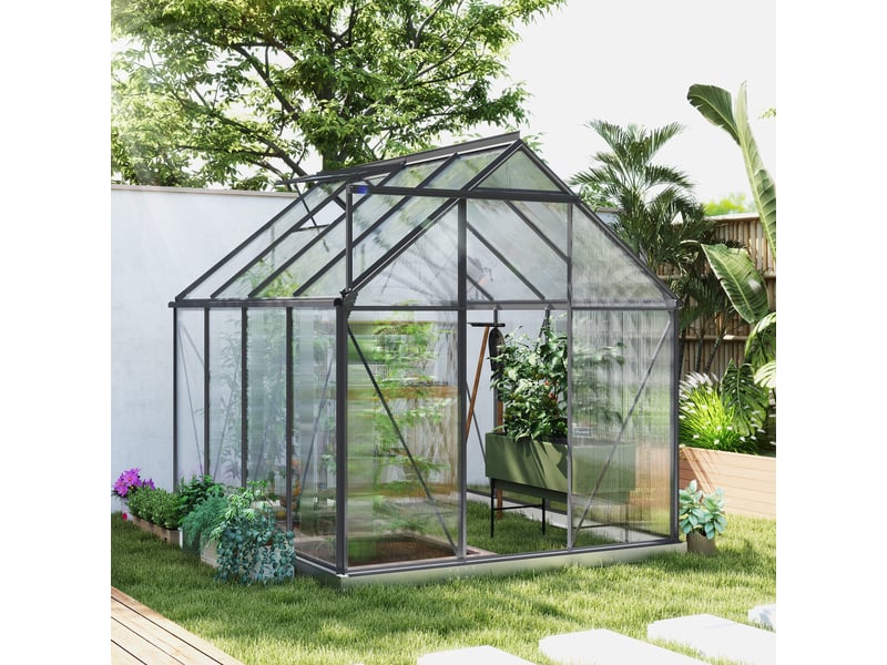  Serre de jardin polycarbonate alu 4,8 m² dim. 2,53l x 1,9l x 1,99h m lucarne réglable fondation porte coulissante gris  - Conforama B