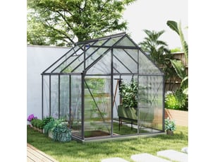 Serre de jardin polycarbonate alu 4,8 m² dim. 2,53l x 1,9l x 1,99h m lucarne réglable fondation porte coulissante gris