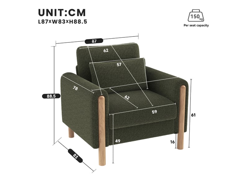  Fauteuil d'accent 87x83x88.5cm – fauteuil salon individuel avec coussin épais et oreiller lombaire – peluche – vert  - Conforama C