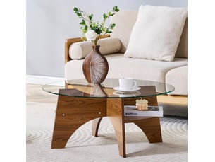 Table basse ronde 80 cm en verre transparent, noyer