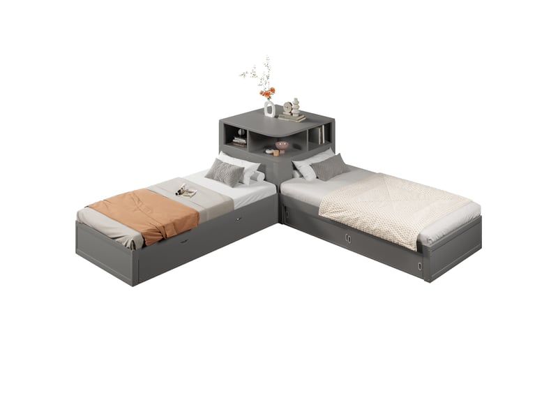  Lit plateforme en l 90x200 cm, lit gigogne intégré, rangement porte coulissante, rangement, veilleuse, pin mdf gris, sans matelas  - Conforama A