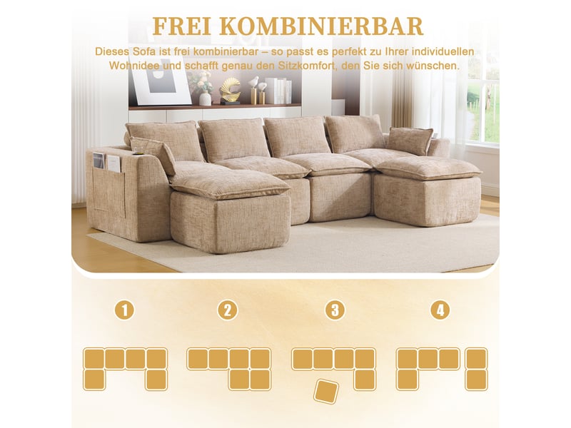 Canapé modulable 4 places 322x161x75 cm kaki en chenille, 2 poufs, coussins, porte-gobelets, 2 poches, assise mousse et ressorts - Conforama C