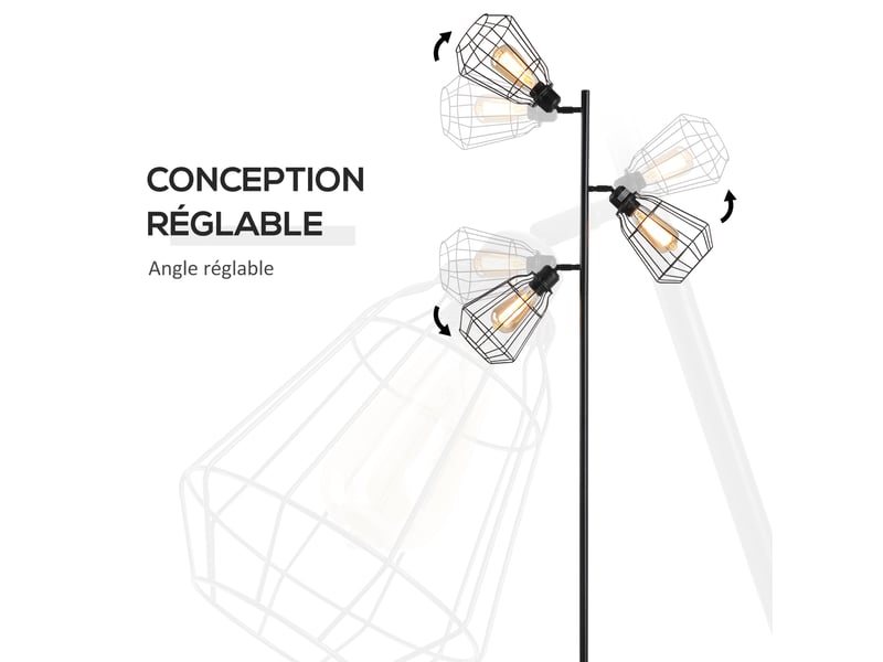  Lampadaire design industriel 3 ampoules max. 40 w abat-jour métal cage noir  - Conforama E