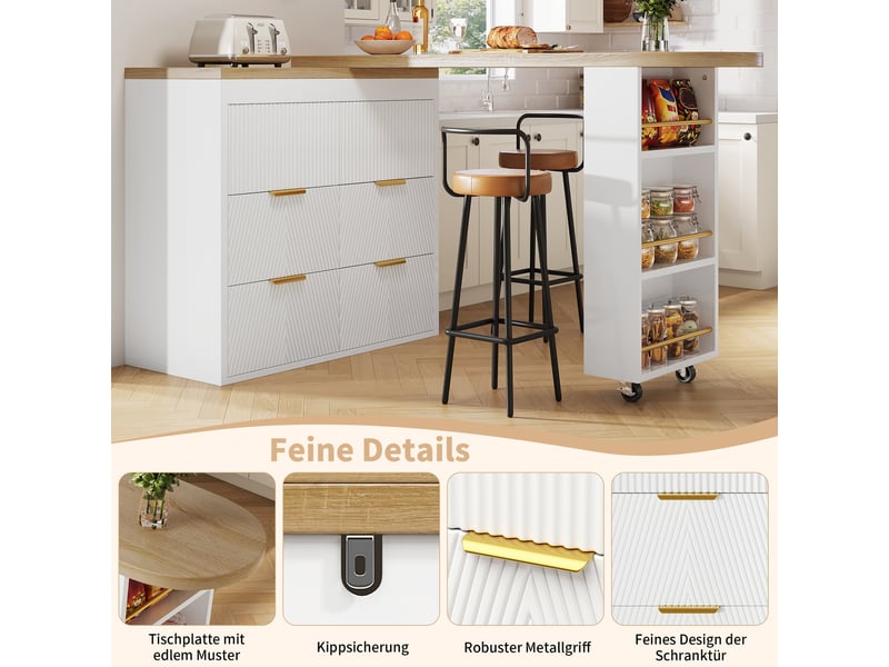  Table de bar 128-203x39x90 cm, pivotante 360°, 6 tiroirs, buffet de cuisine avec anti-basculement, mdf, blanc Bliss Lite - Conforama D