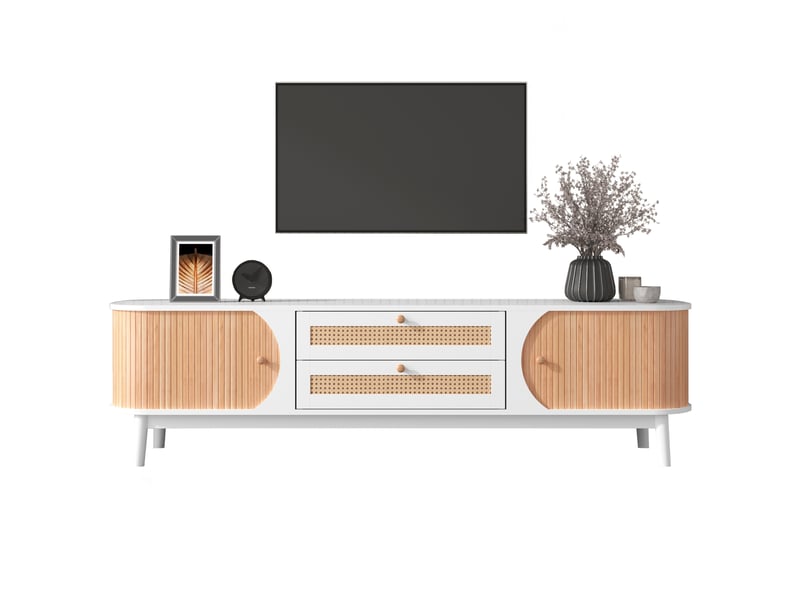  Meuble tv rotin et bois 170 cm, meuble tv blanc et bois avec portes et tiroirs, style campagne naturel  - Conforama A