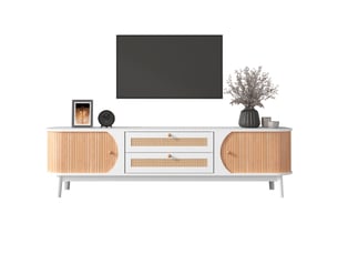 Meuble tv rotin et bois 170 cm, meuble tv blanc et bois avec portes et tiroirs, style campagne naturel