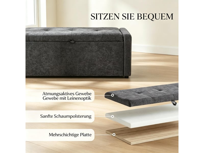  Banc de rangement capitonné avec coffre tissu gris foncé 122 x 48 x 44 cm  - Conforama E