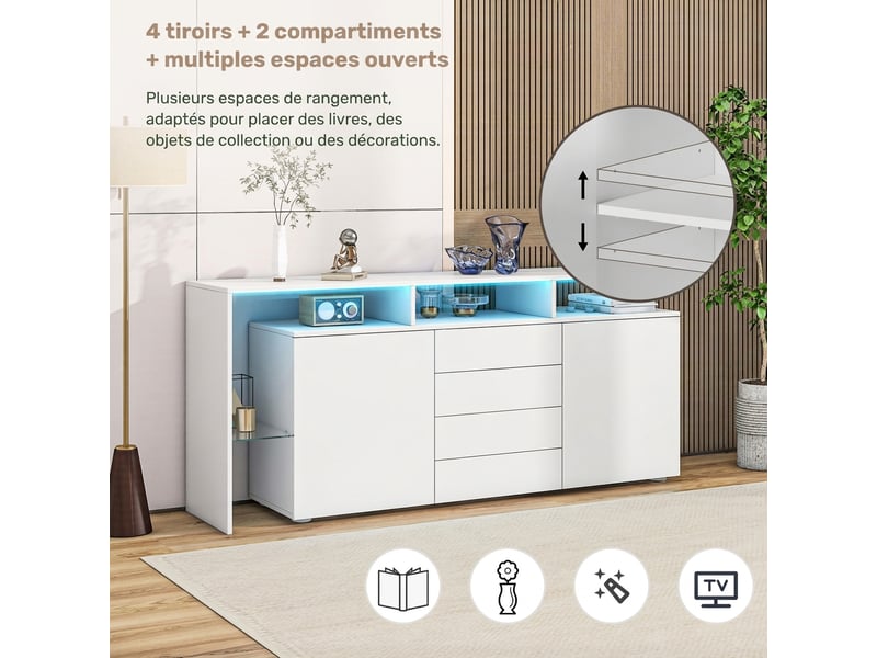  Buffet blanc laqué avec led meuble tv 160 cm moderne 4 tiroirs 2 portes  - Conforama R