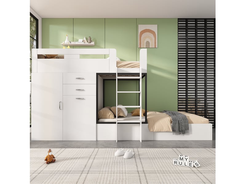  Lit superposé enfant 90 x 200 cm avec bureau coulissant, armoire et tiroirs blanc noir  - Conforama D
