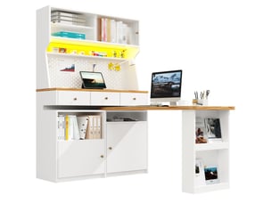Buffet de cuisine modenvie 137 x 45 x 178 cm blanc avec led, 2 portes, 3 tiroirs, tablette extensible, mdf et métal