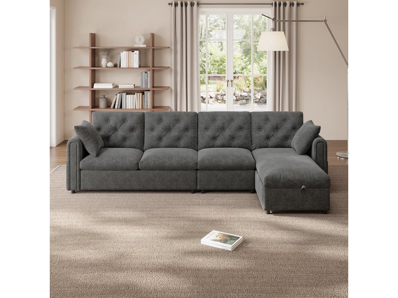  Canapé d'angle, canapé velours — 281 × 86 × 71 cm, en velours, avec rangement, gris  - Conforama R
