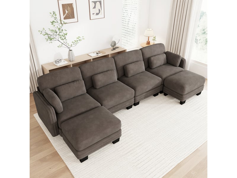  Canapé modulable en u - 4 places - 2 ottomans - assise profonde - tissu chenille - structure en bois massif - grand confort - brun CozyNest - Conforama C