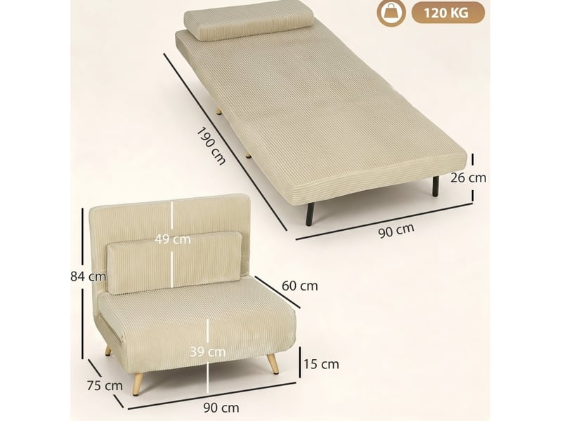  Fauteuil-lit 3-en-1 convertible en velours côtelé beige, dossier 6 positions et couchage 90 x 190 cm  - Conforama C