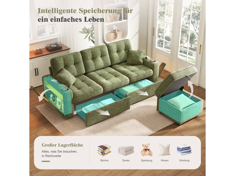 Canapé d’angle 3 places vec led pouf de rangement et ports usb et 2 tiroirs en chenille vert 194,5x133x83 cm BUYDEEMEUS - Conforama B