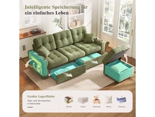 Canapé d'angle réversible convertible <strong></strong> <strong>Qualité haut de gamme</strong> 3 places Tissu vert avec coffre de rangement