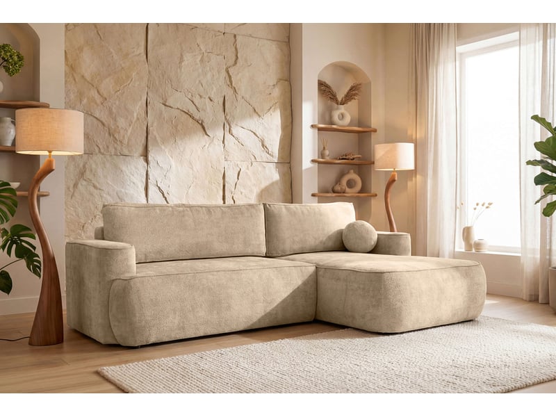  Canapé d'angle droit cassis avec coffre de rangement en tissu chenille - beige CASSIS - Conforama B