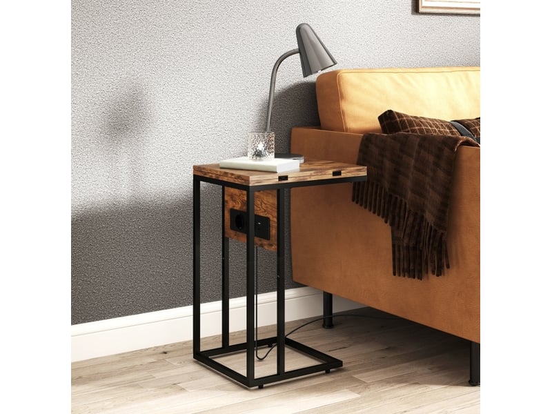 Table d'appoint pliable en c avec plateau extensible et station de charge pour salon, bois et métal, marron rustique - Conforama D