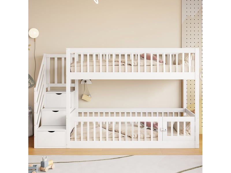  Lit superposé 90x200 cm avec escalier de sécurité et tiroirs, bois, blanc sans matelas  - Conforama C