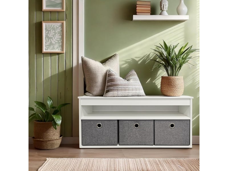 Banc d'entrée avec 1 étagère et 3 coffres bois blanc 102 x 30 x 45 cm 62736 - Conforama C