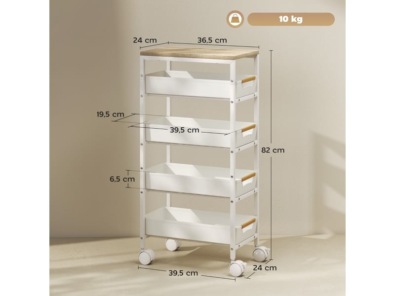  Desserte de cuisine 39,5x24x82 cm à roulettes 4 tiroirs effet bois métal blanc  - Conforama E