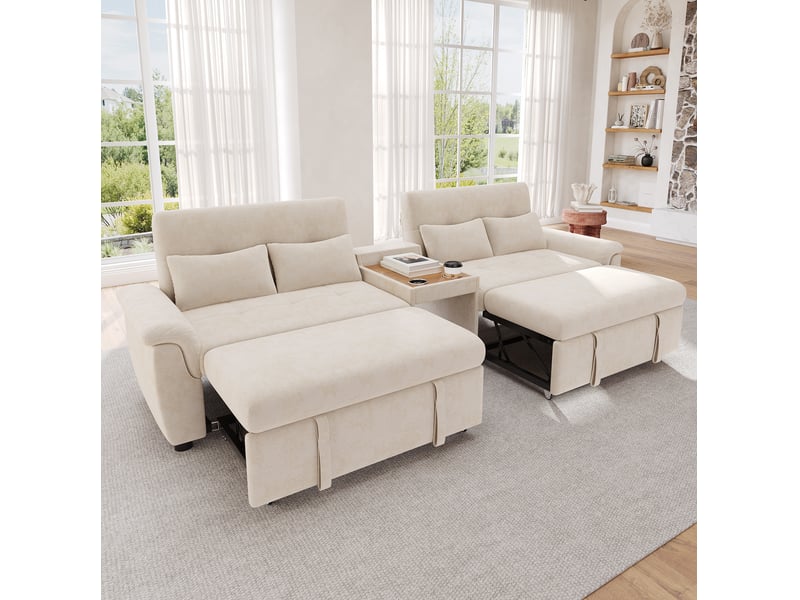  Canapé panoramique en u convertible 4 places avec double couchage, dossier réglable et porte-gobelets en chenille beige  - Conforama E