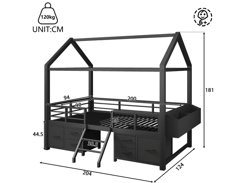  Lit mezzanine enfant 90 x 200 cm en métal noir, toit maison, tiroirs en tissu et éclairage led  - Conforama E