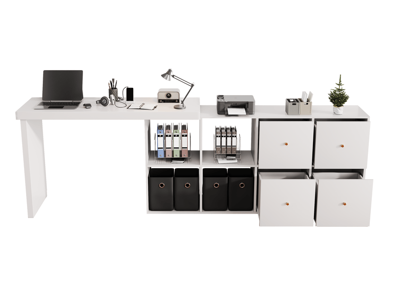  Bureau modulable d’angle 120 × 48 × 78 cm ou 140 × 35 × 74 cm, plateau pivotant, tiroirs et étagères, mdf, blanc, avec rangements ouverts et fermés CARDUME ESTIVAL - Conforama E