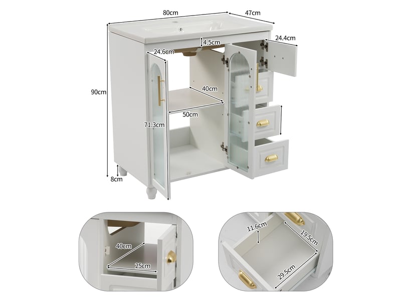 Meuble de salle de bain 80cm - meuble sous vasque avec lave-mains céramique - 2 portes verre flûté, 3 tiroirs - blanc  - Conforama E