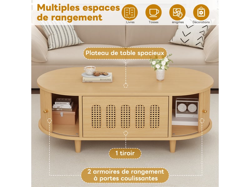  Table basse 100x50x40 cm, rangement avec 1 tiroir et 2 portes coulissantes, motif rotin, mdf, décor bois naturel  - Conforama E