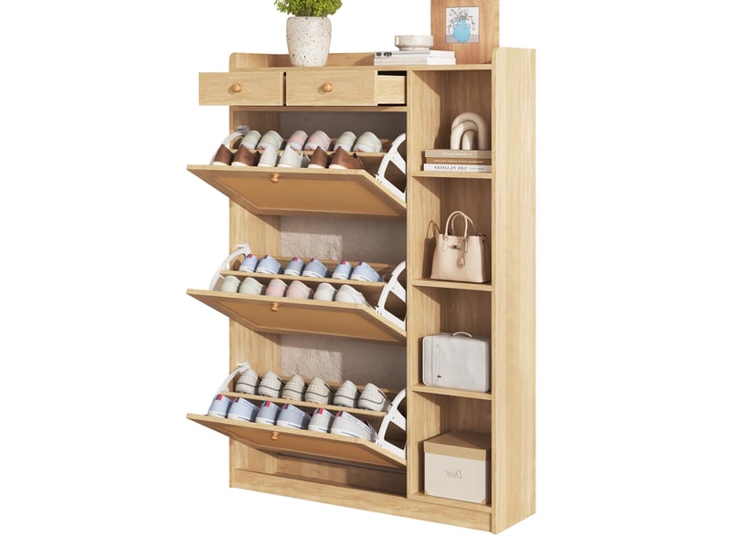  Meuble à chaussures - 90x24x130cm - meuble d'entrée 3 portes abattantes, 2 tiroirs, cannage rotin - bois  - Conforama A