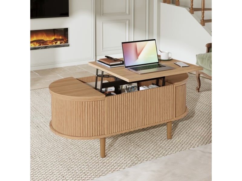 Table basse ovale réglable avec rangement – style vintage, salon, pieds bois massif, meuble multifonction - Conforama E