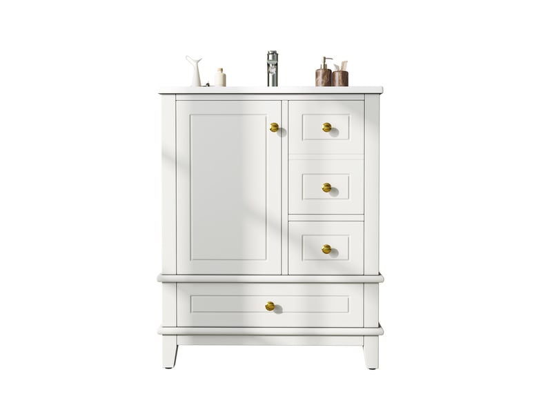 Meuble sous vasque avec lavabo 1 porte 3 tiroirs à fermeture douce blanc brillant salle de bain 61 × 47 × 86 cm