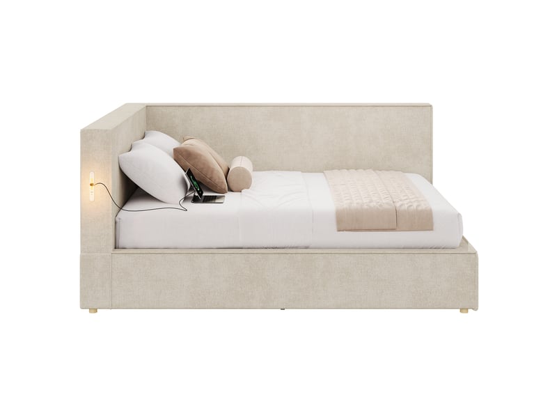  Lit coffre 140x190 cm avec sommier relevable hydraulique, sans matelas, beige  - Conforama D