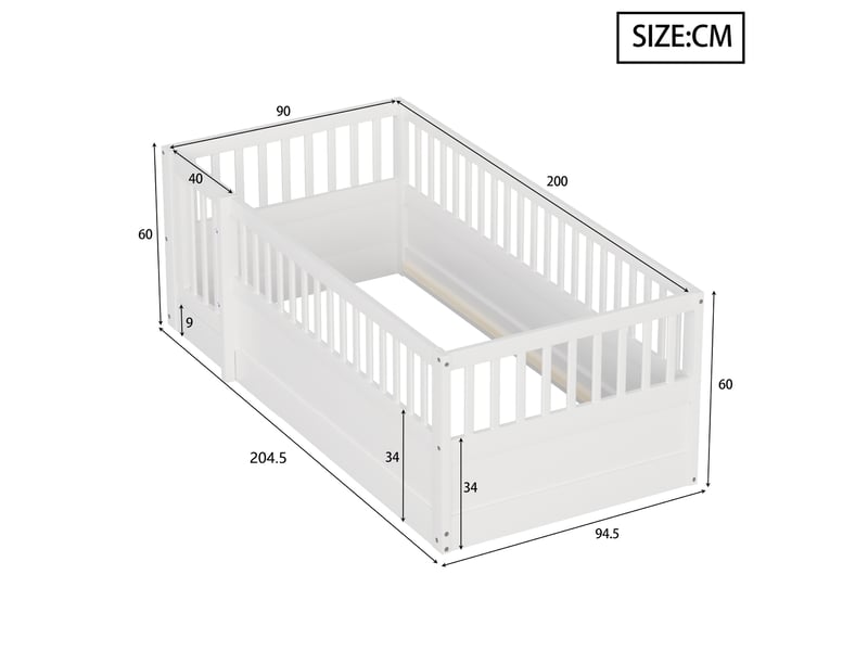  Lit avec barrière lit simple avec porte, 90×200 cm, pour enfant, sans matelas, en bois massif, blanc  - Conforama E
