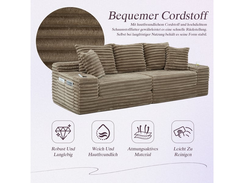  Canapé modulable convertible cordou kaki avec rangement latéral et porte-gobelets pour salon moderne  - Conforama D