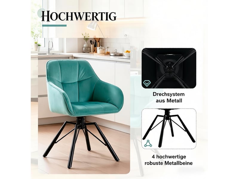  Lot de 2 chaises de salle à manger pivotantes,57x54x82,5 cm,velours,turquoise  - Conforama E