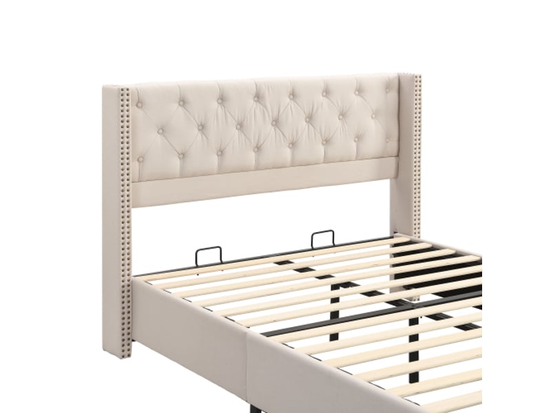  Lit adulte 180x200cm, lit double avec tête de lit et sommier, lin beige, sans matelas  - Conforama E