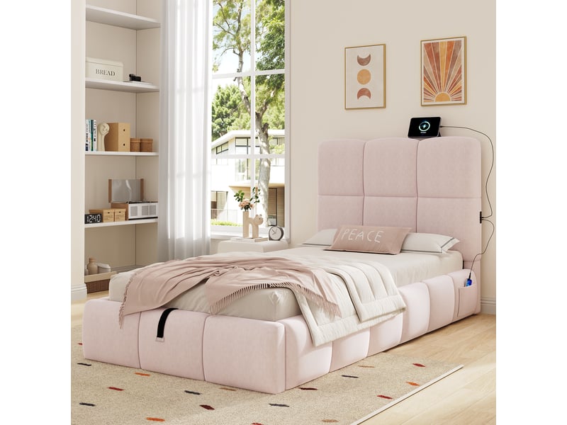  Lit enfant 90x200 velours rose - lit coffre hydraulique avec port usb et tête de lit capitonnée  - Conforama B