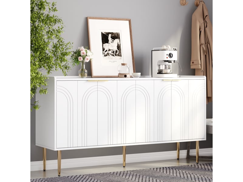  Buffet bas 4 portes mdf blanc 140x38x75 cm pieds en fer doré  - Conforama D