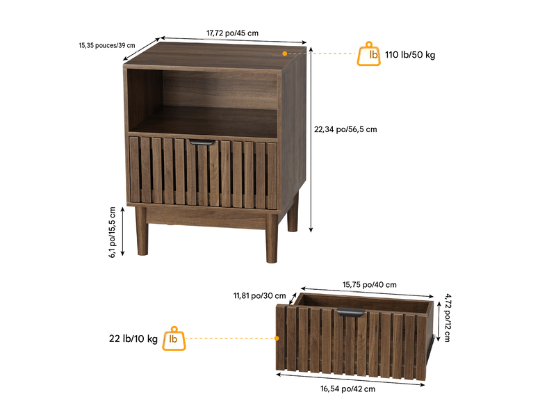  Table de chevet 1 tiroir en mdf coloris noyer 45 x 39 x 56.5 cm  - Conforama C