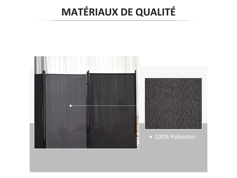  Paravent 3 panneaux dim. 2,53l x 0,5l x 1,82h m store latéral brise-vue paravent sur pied métal séparateur polyester  - Conforama E
