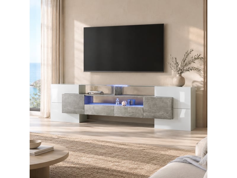  Meuble tv modenvie 200 x 35 x 60 cm avec led multicolore blanc brillant et effet béton gris  - Conforama B